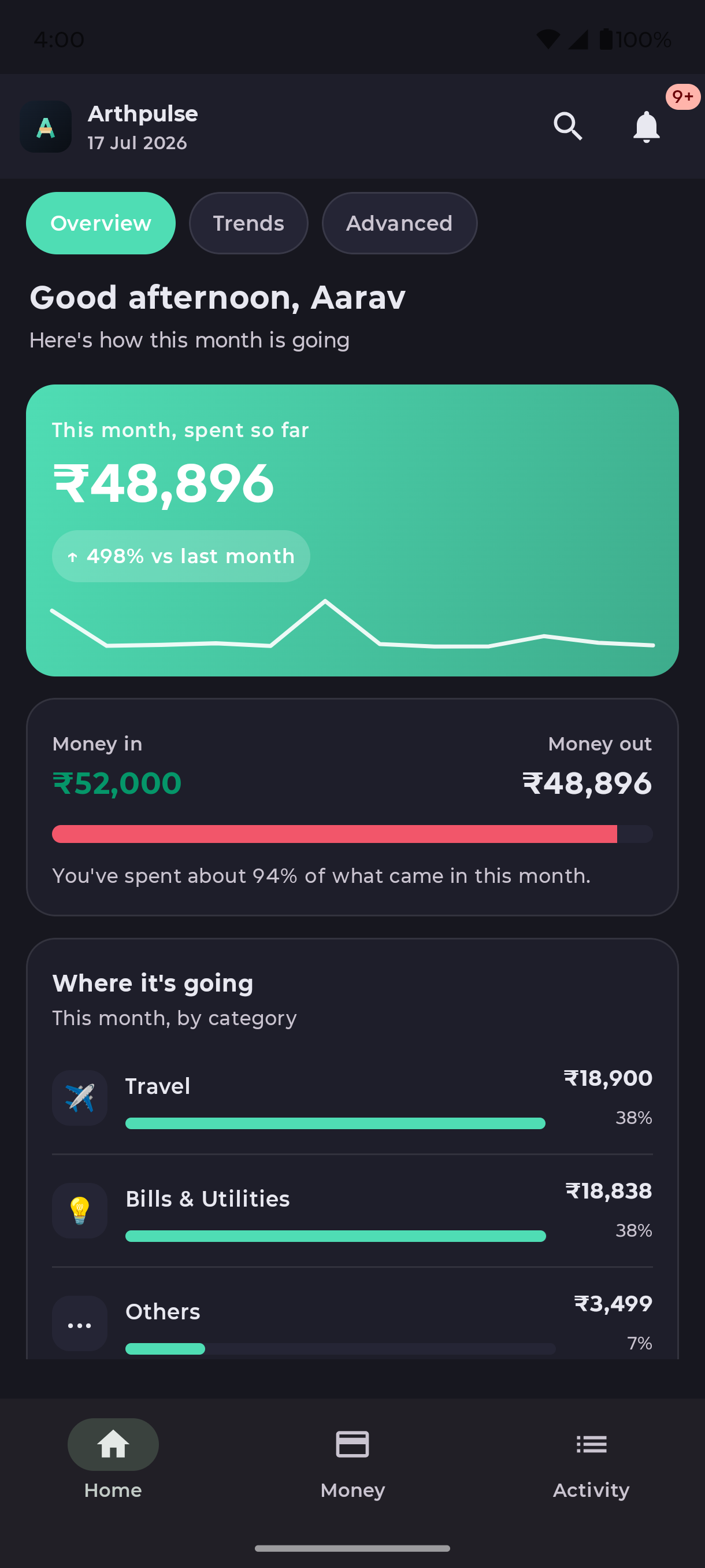 ArthPulse app — monthly overview